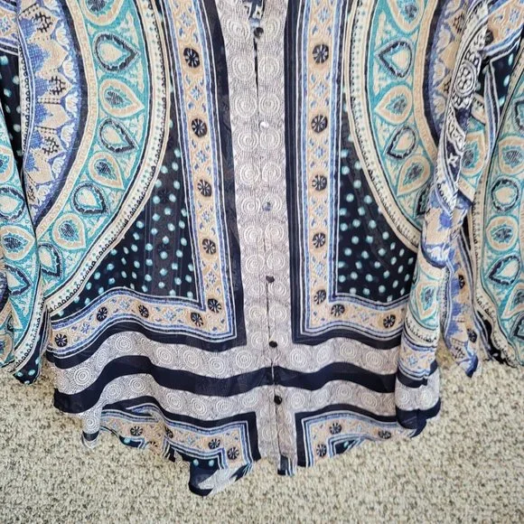 Lucky Brand Top Womens Small Oversized Blue Sheer Printed Hi Low‎ Blouse - Picture 5 of 7